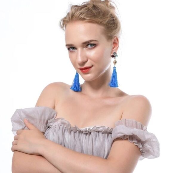 Blue Tassel Fringe Floral Crystal Rhinestone Gold Dangle Statement Earrings - Picture 3 of 11